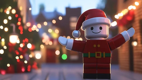 Cheerful Lego Santa welcomes viewers to a glowing festive street