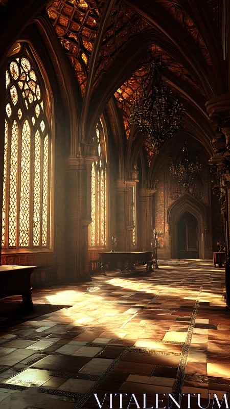 Sunlit neo-gothic hall renders vaulted stone architecture