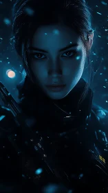 Midnight cyber operative in blue-lit snowfall vigil.