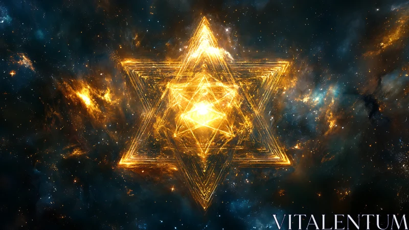 Stellar golden star tetrahedron glowing in deep space.
