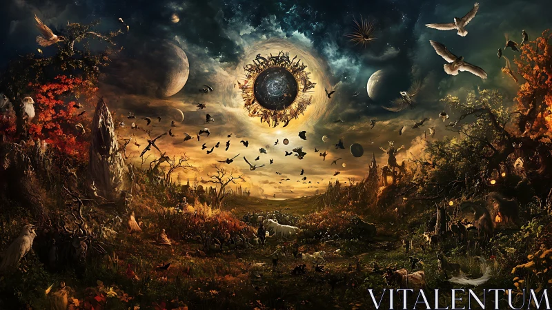 Surreal celestial wildlife panorama with orbital solar vortex.