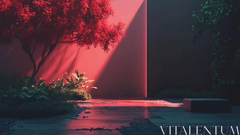 Red tree courtyard under sharp diagonal light at dusk.