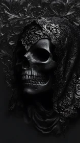 Ornate black skull portrait with baroque lace shroud
