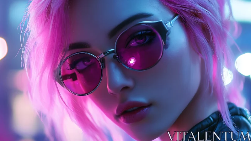 Pink haired woman in magenta glasses under neon lighting