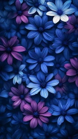 Blue and Magenta Daisy Flowers Dense Pattern.