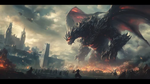 Colossal dragon towering over burning war-torn cityscape.