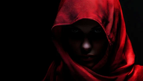 Dramatic low key portrait isolates hooded face in saturated red cloth