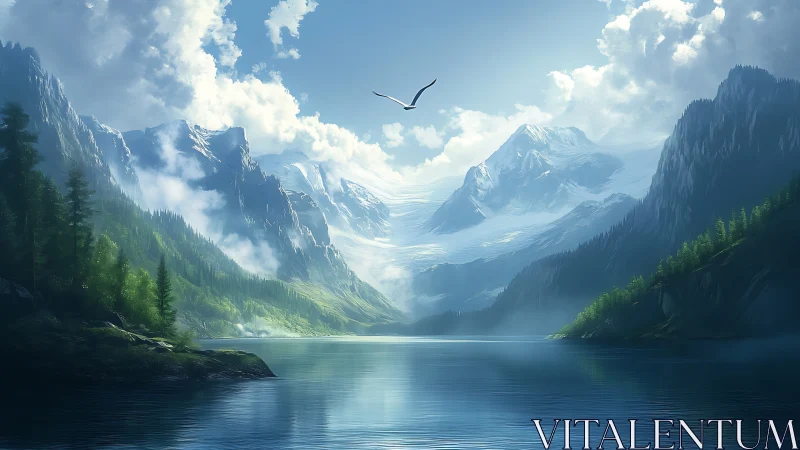 Soaring over a quiet glacier lake in sunlit mountain air.