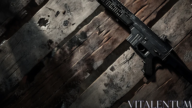 Tactical black carbine on distressed wooden planks in shadow