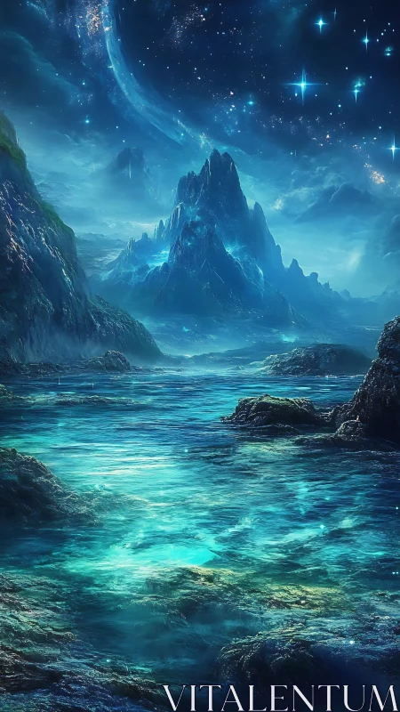 Luminescent alien seascape under crystalline starfield sky