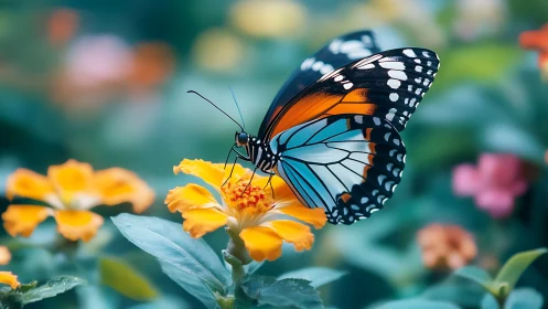 Butterfly in painted armor sipping sunrise on zinnia bloom.