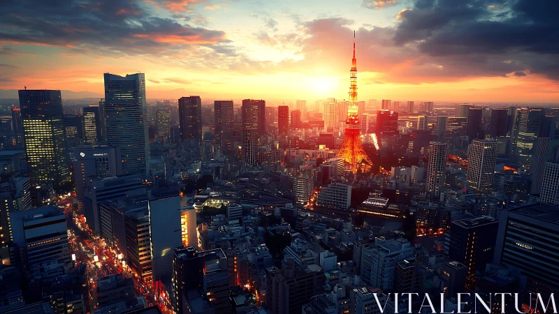 Digital painting skyline study of Tokyo at neon dusk glow.