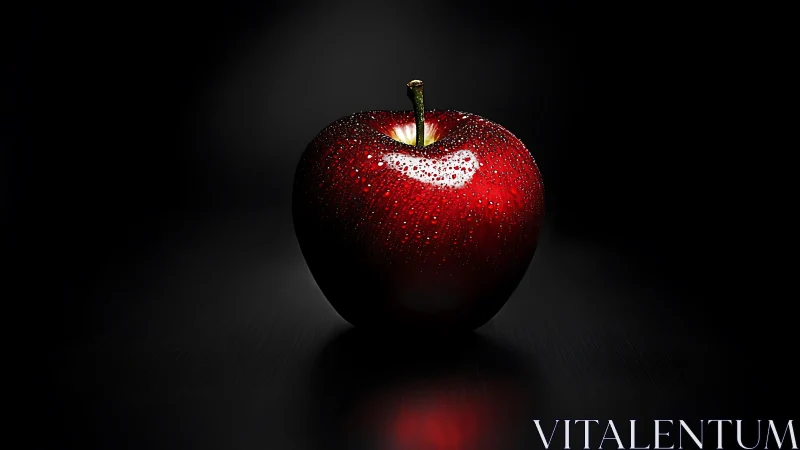 Specular-lit macro study of dew-coated red apple geometry.