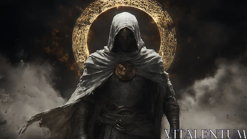 Hooded armored figure stands before illuminated circular halo