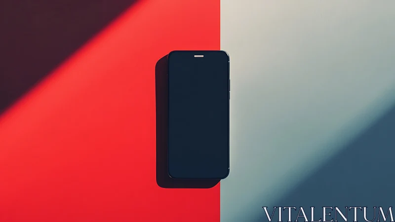 Minimalist smartphone still life on bisected color field.
