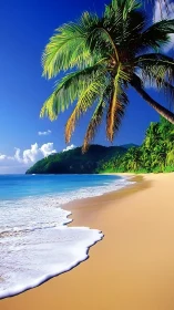 Tropical Beach Paradise: Palm Fronds Frame Pristine Turquoise Shoreline.