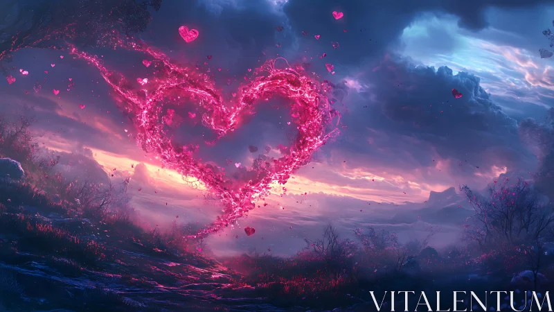 Luminescent Heart Formation with Neon Plasma Energy in Twilight Landscape