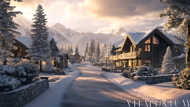 Golden dawn tiptoes through a quiet alpine chalet village