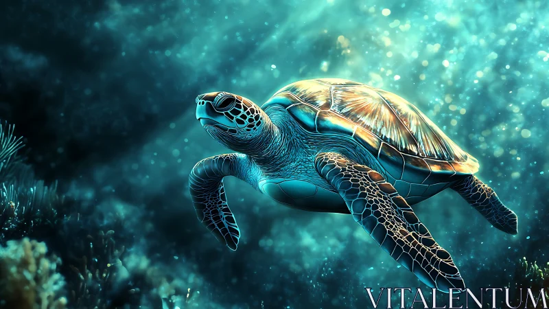 Sea turtle glides through glowing turquoise ocean depths