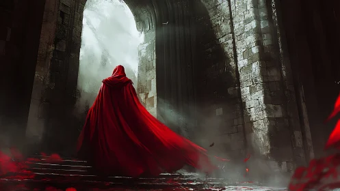 Cloaked wanderer ascends misty ruins toward blinding light
