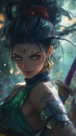 Green-eyed warrior stands ready with drawn sword in forest