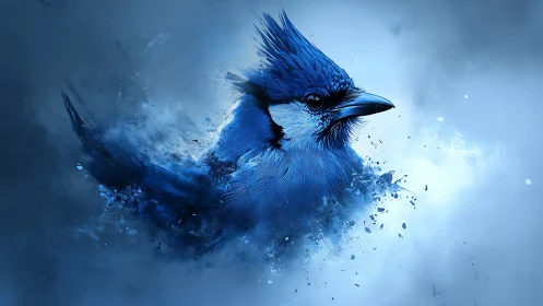 Shimmering blue jay rising from a dreamy winter haze.