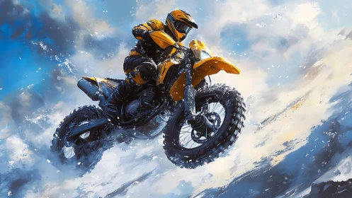 Sky-slicing dirt bike rider storms through painted snow clouds.