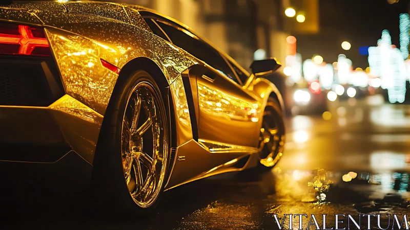 Golden supercar glows under vibrant city night lights.