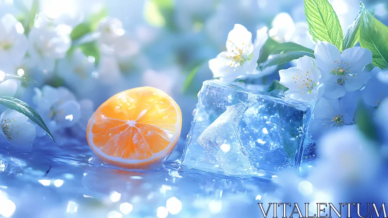 Citrus slice and ice cube in bright blue floral scene.