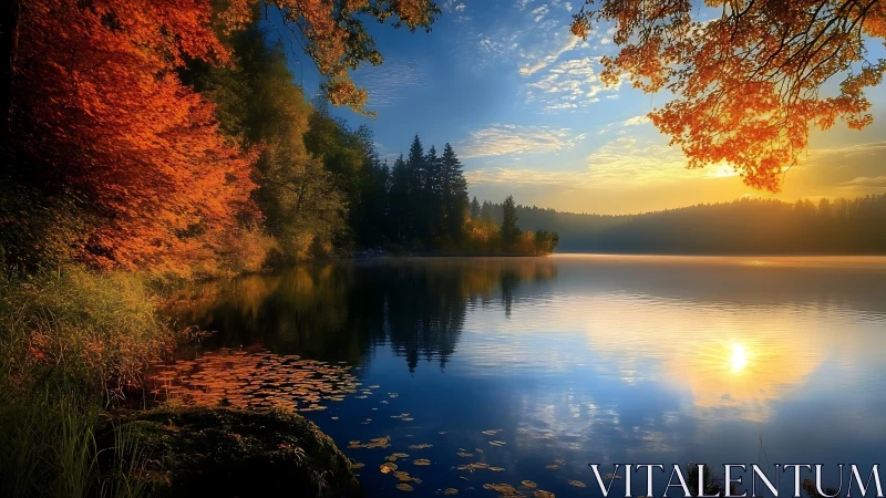 Digital painting of autumn lake at sunrise with mirror reflections.