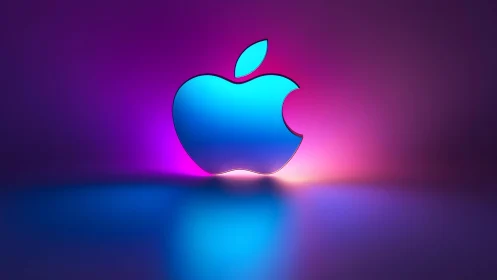 Blue Apple Logo with Neon Glow on Gradient Background.