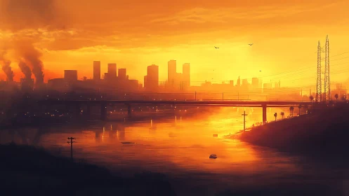 Urban river at industrial sunset with city skyline view.