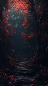 Mystical forest pathway illuminated by glowing red foliage