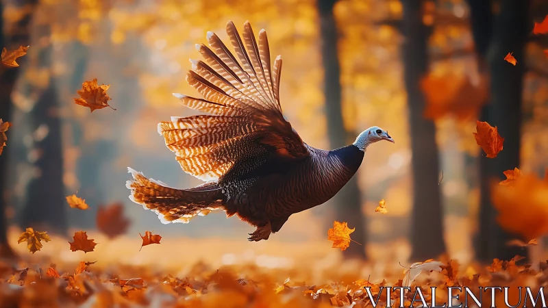 Wild turkey flying through autumn forest with vibrant falling leaves.