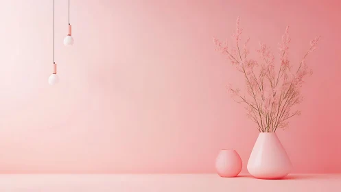 Soft pink still life with vases and gentle hanging lights.