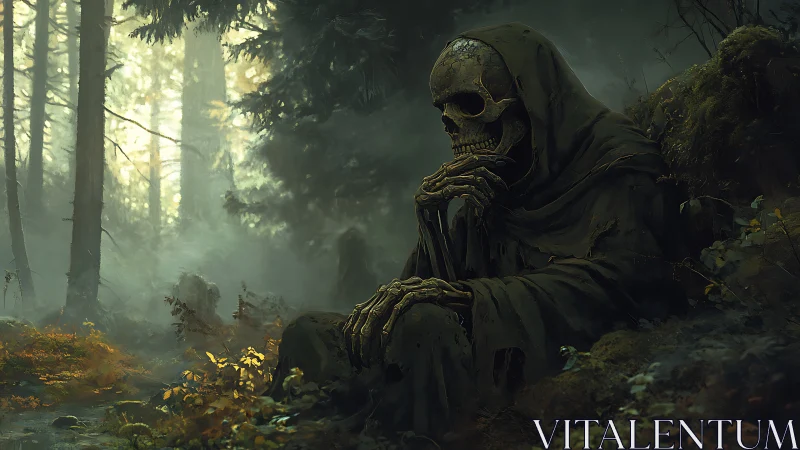 Hooded skeletal figure seated in misty conifer forest.