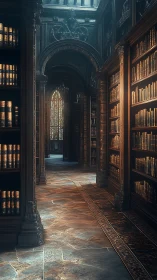Sunlit gothic library corridor glows with ancient books.