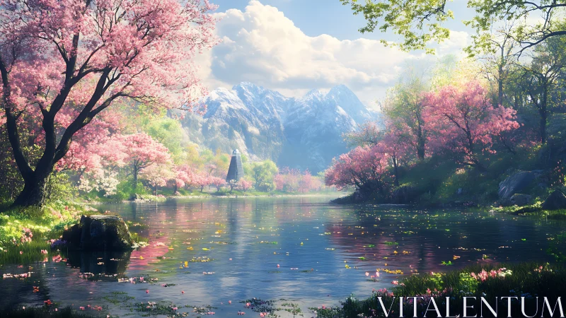 Spring mountain lake reflects cherry blossoms and distant tower