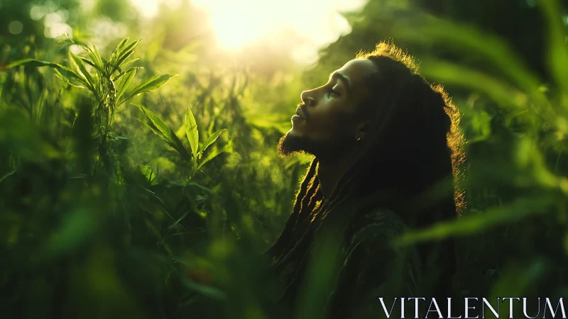 Portrait in sunlit greenery with serene upward gaze.