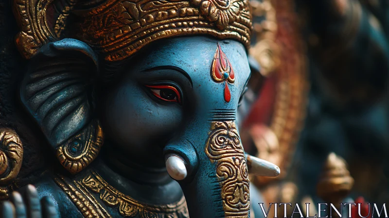 Photorealistic close-up of ornate blue Ganesha sculpture.