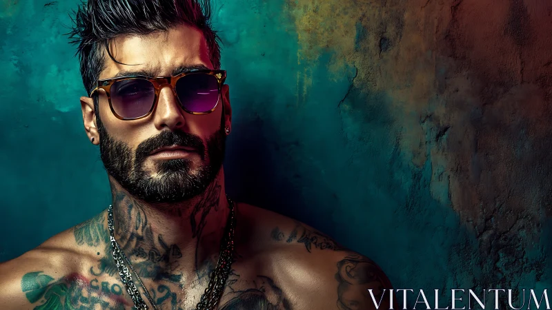 Tattooed man in sunglasses stands by textured teal wall