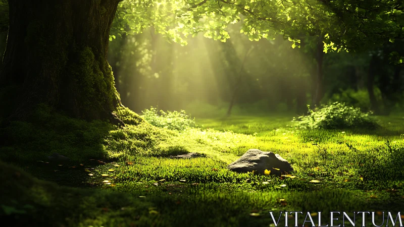 Sunlit moss whispers beneath an ancient forest guardian