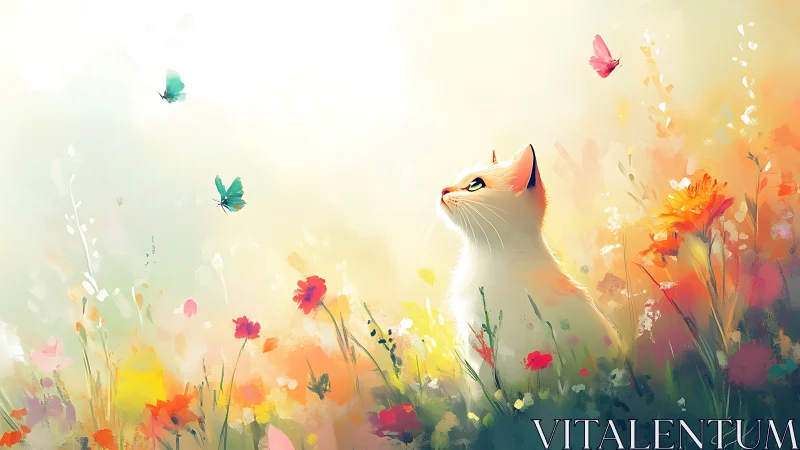 Dreaming Cat Amid Wildflowers and Butterflies in Watercolor.
