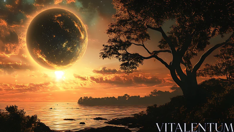 Large celestial body aligns above coastal sunset horizon