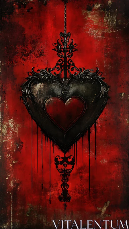 Ornate Obsidian Heart Suspended on Crimson. (68 chars)