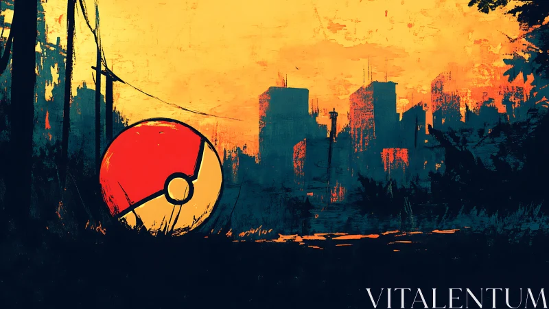 Sunset city ruins with a lonely red and white adventure sphere.