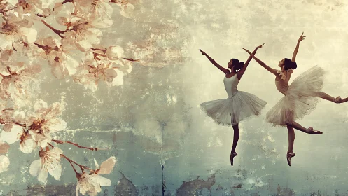 Ballet dancers in mid-leap beside stylized blossom mural.