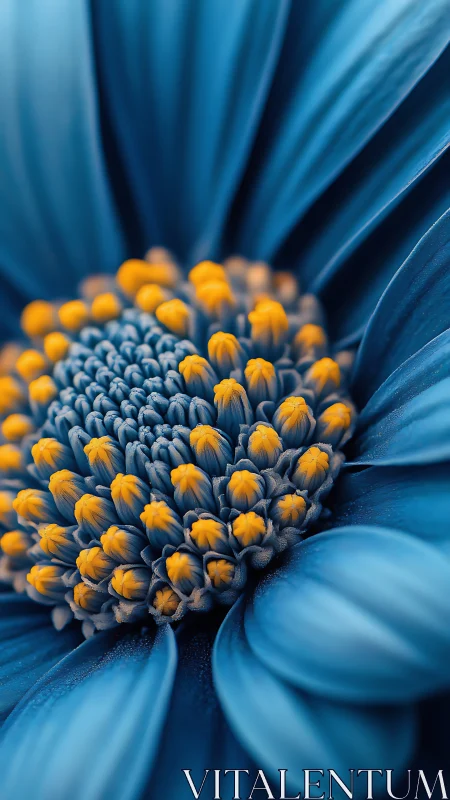 Radiant blue blossom center glowing with golden warmth.
