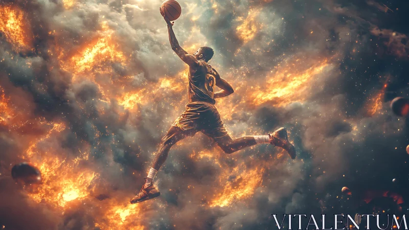 Soaring basketball player amid cosmic firestorm clouds.