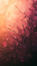 Backlit plant branches cut through soft orange and magenta haze